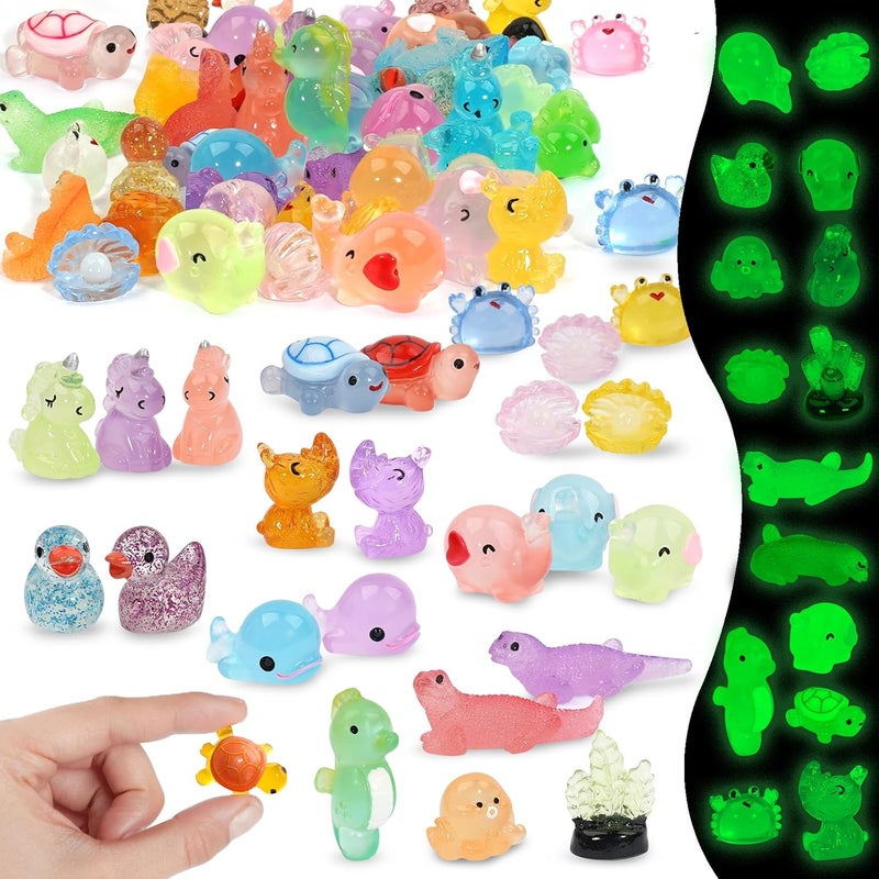 Lugailly Luminous Mini Resin Animals Figures to Hide, 72 PCS Small Animal Figurines Tiny Plastic Animals Bulk Glow in the Dark, Little Ducks Miniature Turtles Micro Unicorns for Fairy Garden Aquarium Decor - Image 1